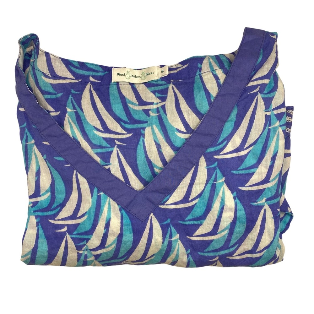 West Indies Wear Sailboat Print Bathing Suit Cover Up‎ Tunic Dress V Neck Small